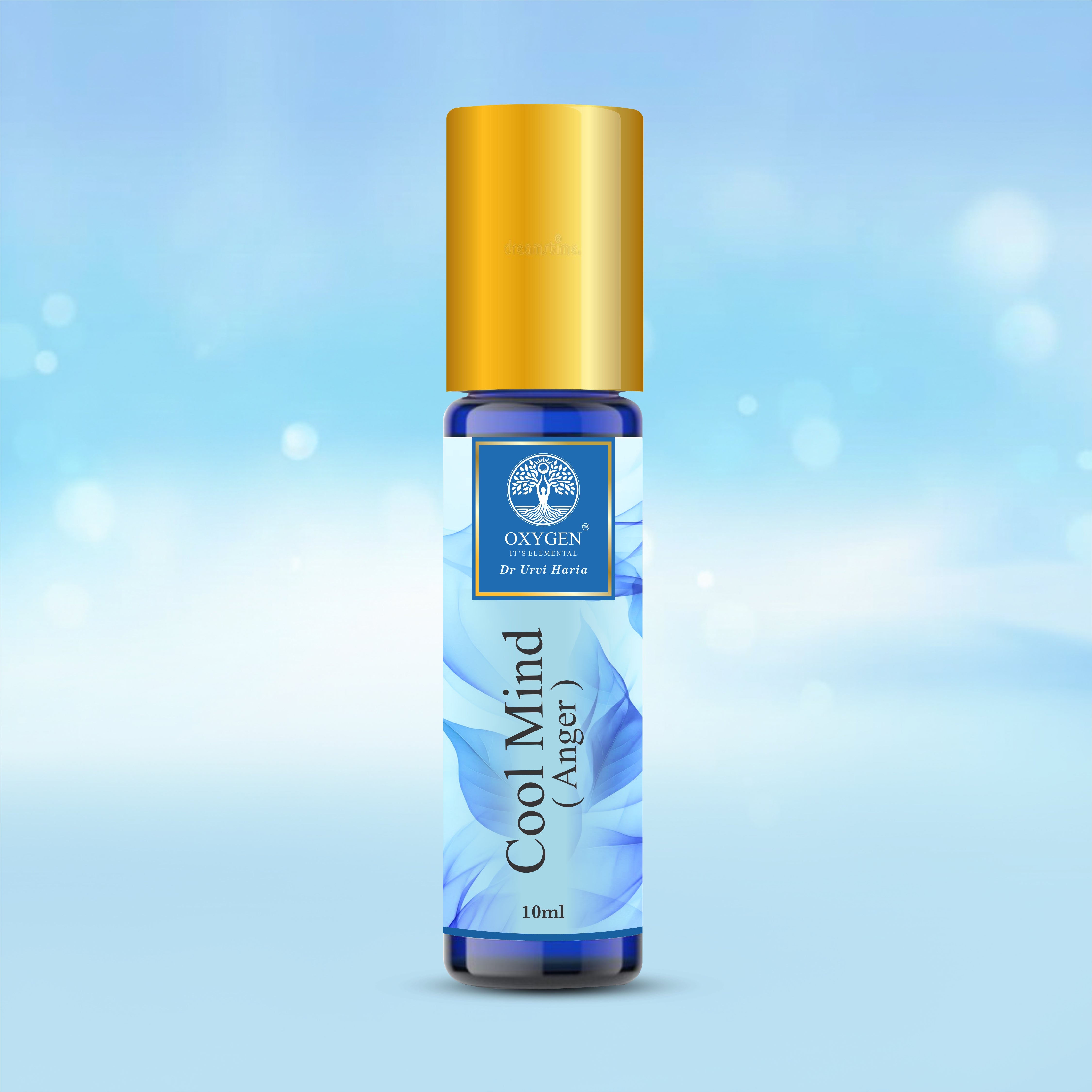 Bottle of 'Cool Mind' oil with a gold cap on a light blue background