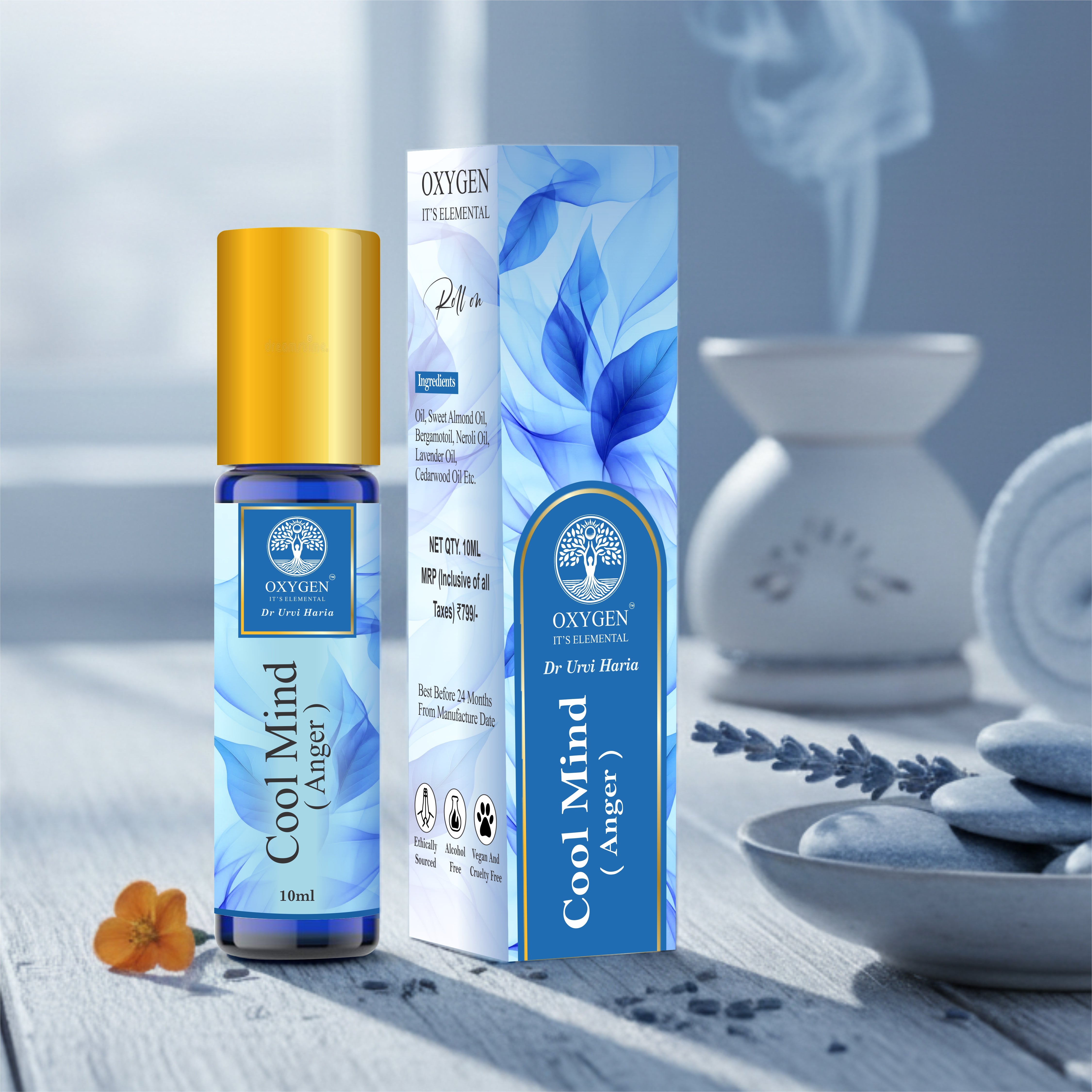 Bottle of 'Cool Mind' oil with a gold cap on a light blue background