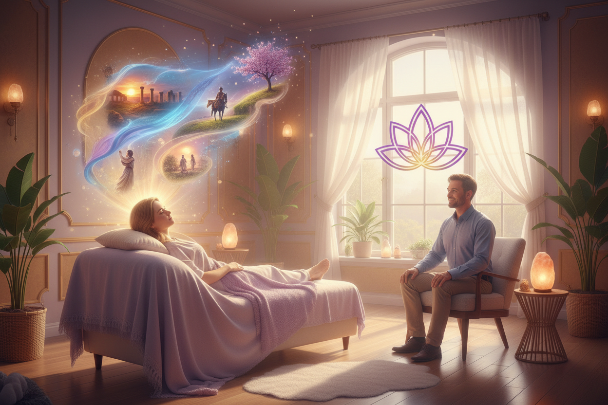 A holistic healing technique that uses hypnosis to access subconscious memoriesof past lives. It is based on the belief that unresolved emotions, traumas, andpatterns from previous lifetimes can influence an individual’s present thoughts,behaviors, relationships, and even physical health. By revisiting and resolving thesepast experiences, individuals can gain clarity, healing, and personal transformation with woman and man